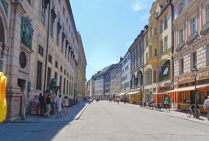 Residenzstraße looking toward Odeonsplatz in the historic center of Munich, Germany, featuring the historic facade of the Munich Residenz palace on the left